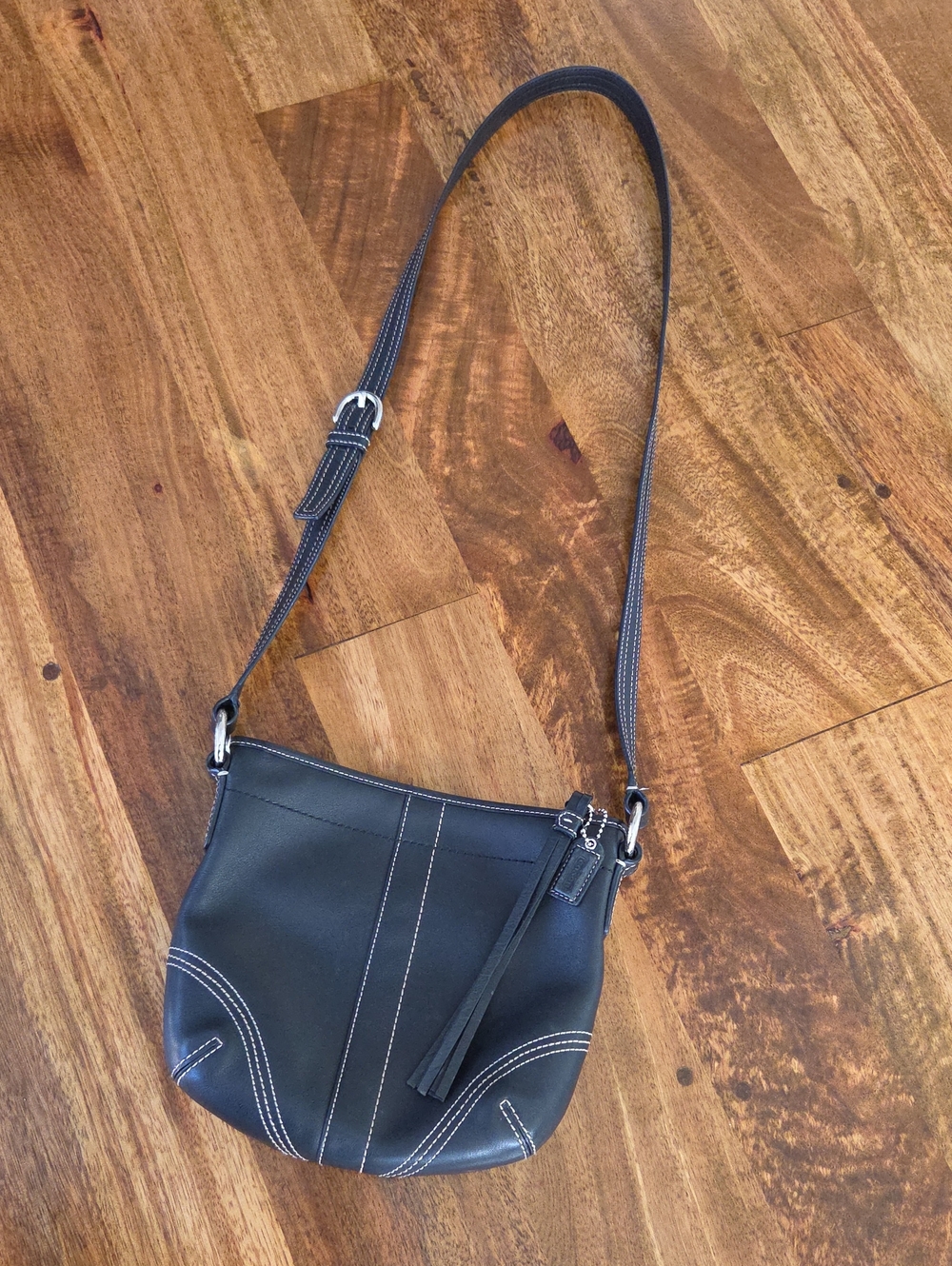 {Coach} Black Leather Crossbody Bag with Tassel & White Topstitching (Vintage)